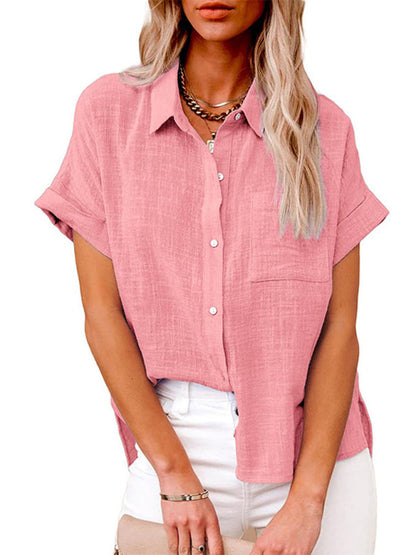 Tops- Textured Pocketed Button-Front Short Sleeve Shirt- Pink- IndioGear Fashion and Gear