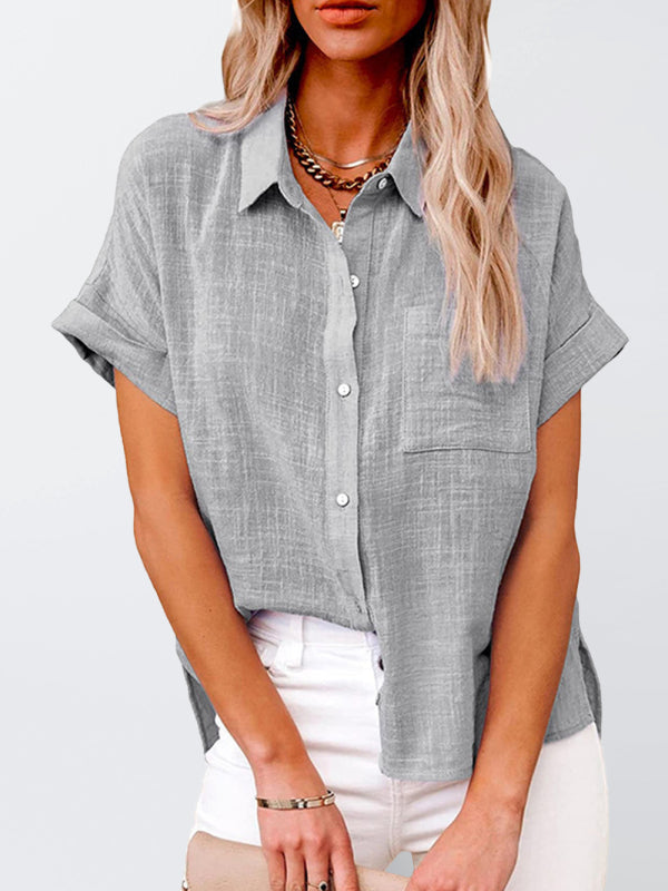 Tops- Textured Pocketed Button-Front Short Sleeve Shirt- Grey- IndioGear Fashion and Gear