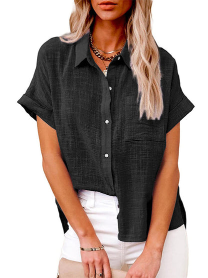 Tops- Textured Pocketed Button-Front Short Sleeve Shirt- Black- IndioGear Fashion and Gear