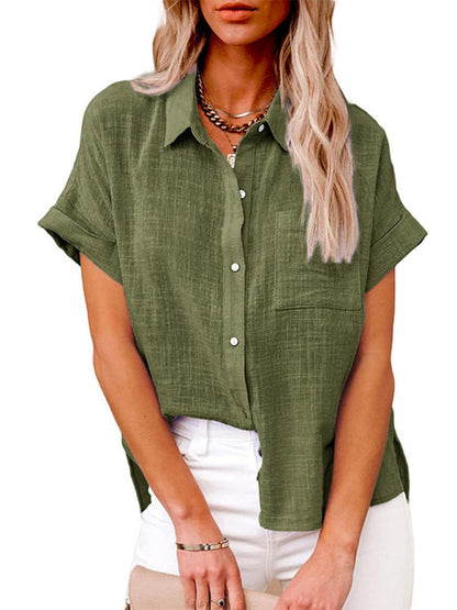 Tops- Textured Pocketed Button-Front Short Sleeve Shirt- Olive green- IndioGear Fashion and Gear