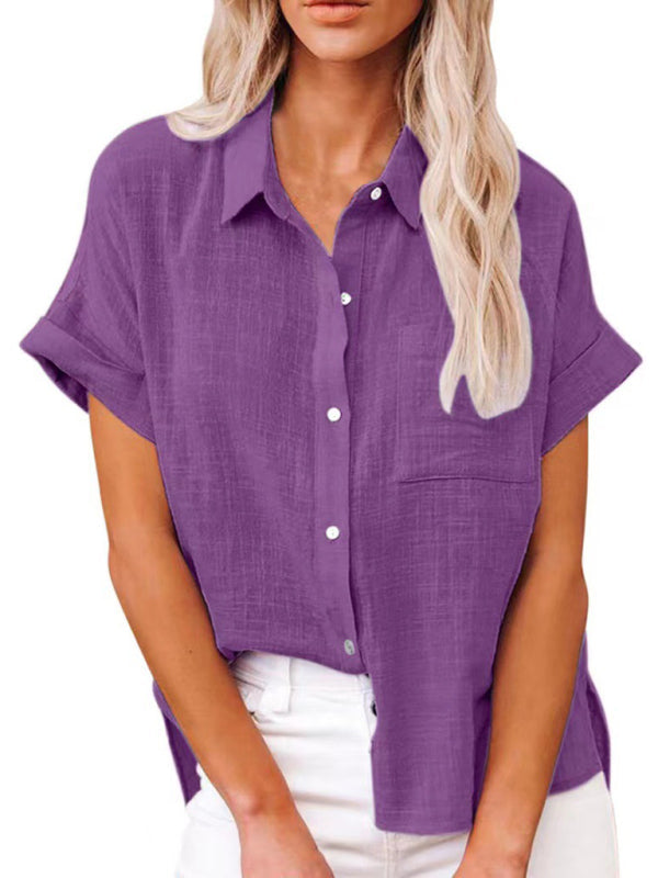 Tops- Textured Pocketed Button-Front Short Sleeve Shirt- Purple- IndioGear Fashion and Gear