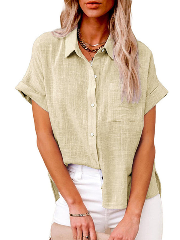 Tops- Textured Pocketed Button-Front Short Sleeve Shirt- Cream- IndioGear Fashion and Gear