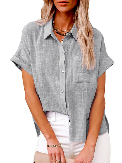 Tops- Textured Pocketed Button-Front Short Sleeve Shirt- - IndioGear Fashion and Gear