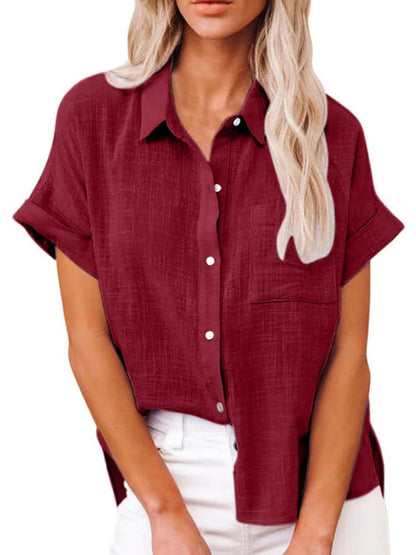 Tops- Textured Pocketed Button-Front Short Sleeve Shirt- Wine Red- IndioGear Fashion and Gear