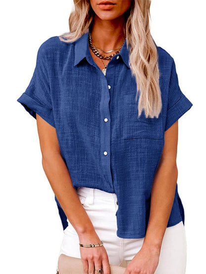 Tops- Textured Pocketed Button-Front Short Sleeve Shirt- Blue- IndioGear Fashion and Gear