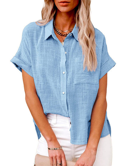 Tops- Textured Pocketed Button-Front Short Sleeve Shirt- Sky blue azure- IndioGear Fashion and Gear