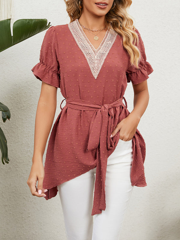 Tops- Tie-Front Chiffon Blouse with Asymmetrical Hem and Lace Accents- - IndioGear Fashion and Gear