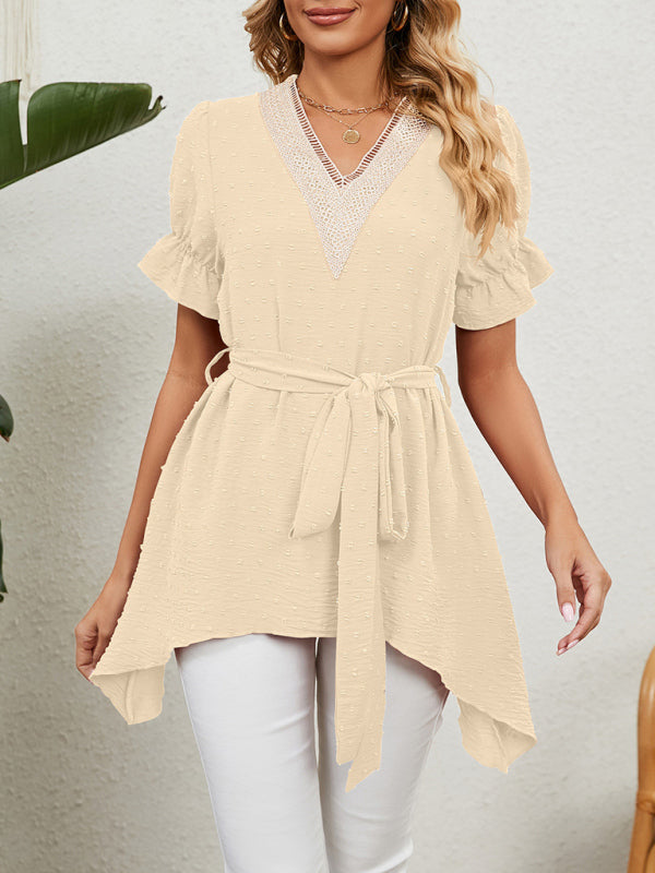 Tops- Tie-Front Chiffon Blouse with Asymmetrical Hem and Lace Accents- Cracker khaki- IndioGear Fashion and Gear