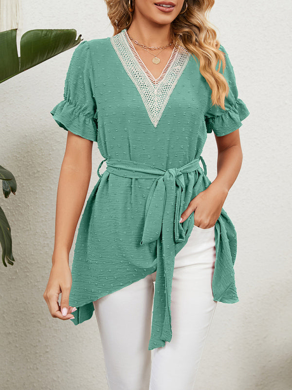 Tops- Tie-Front Chiffon Blouse with Asymmetrical Hem and Lace Accents- - IndioGear Fashion and Gear