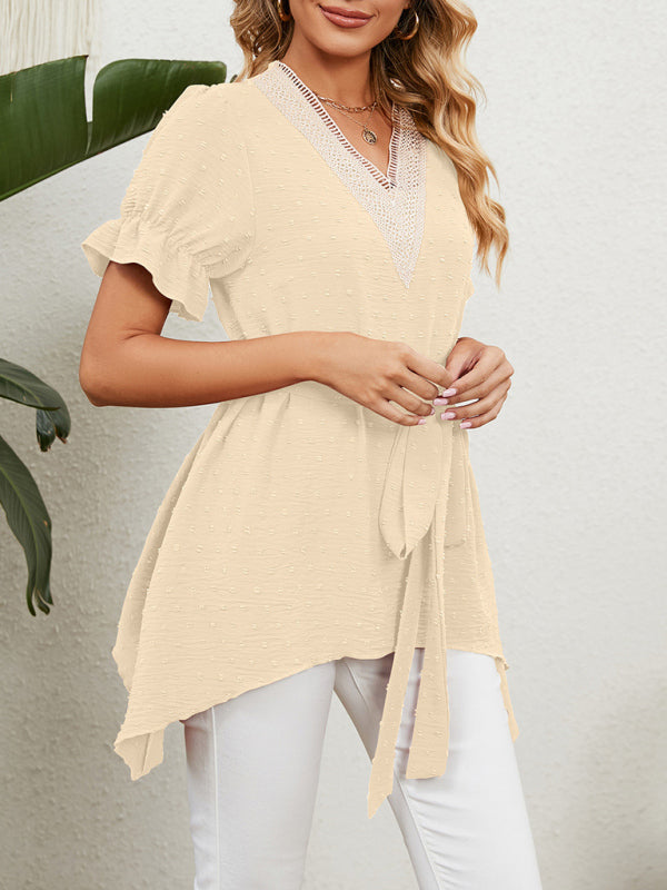 Tops- Tie-Front Chiffon Blouse with Asymmetrical Hem and Lace Accents- - IndioGear Fashion and Gear