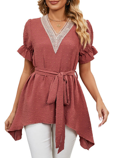 Tops- Tie-Front Chiffon Blouse with Asymmetrical Hem and Lace Accents- - IndioGear Fashion and Gear