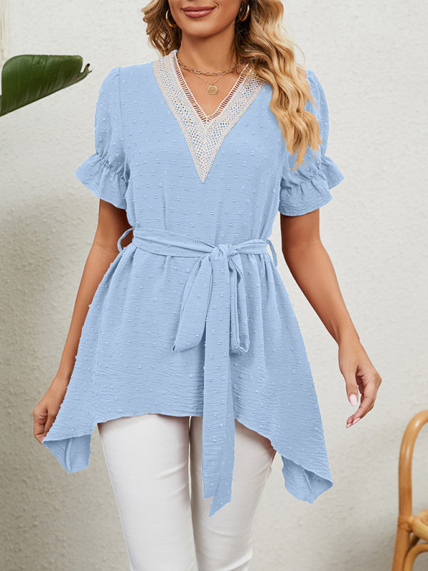 Tops- Tie-Front Chiffon Blouse with Asymmetrical Hem and Lace Accents- - IndioGear Fashion and Gear