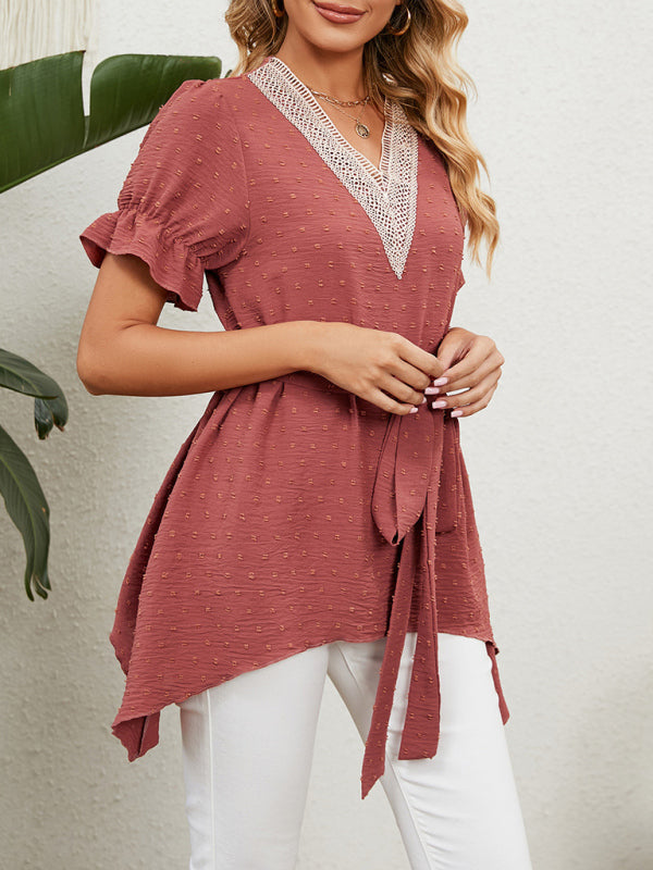 Tops- Tie-Front Chiffon Blouse with Asymmetrical Hem and Lace Accents- - IndioGear Fashion and Gear