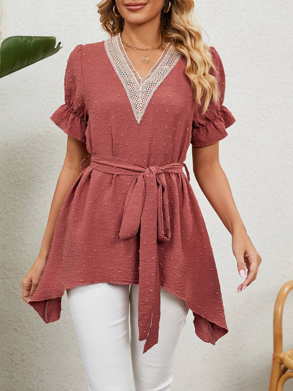 Tops- Tie-Front Chiffon Blouse with Asymmetrical Hem and Lace Accents- - IndioGear Fashion and Gear