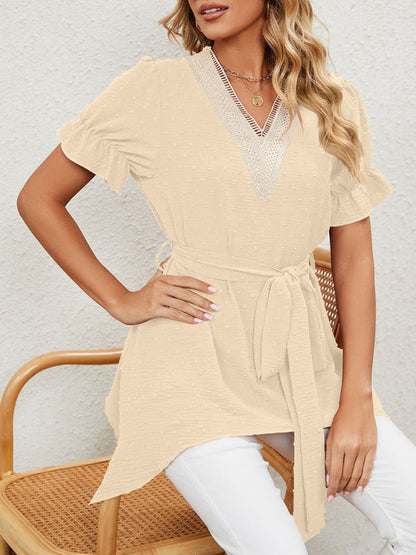 Tops- Tie-Front Chiffon Blouse with Asymmetrical Hem and Lace Accents- - IndioGear Fashion and Gear