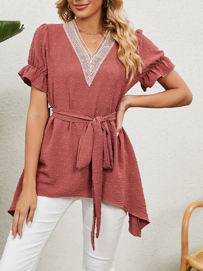 Tops- Tie-Front Chiffon Blouse with Asymmetrical Hem and Lace Accents- - IndioGear Fashion and Gear