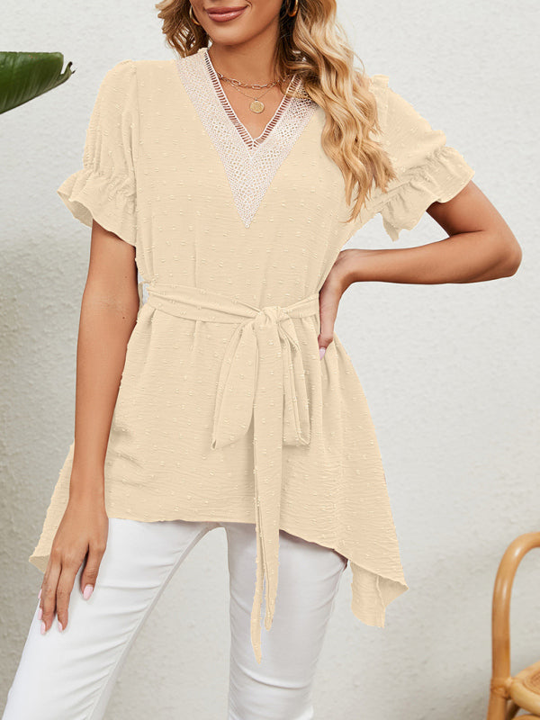 Tops- Tie-Front Chiffon Blouse with Asymmetrical Hem and Lace Accents- - IndioGear Fashion and Gear