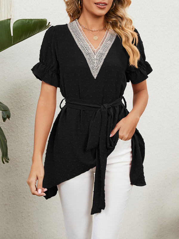 Tops- Tie-Front Chiffon Blouse with Asymmetrical Hem and Lace Accents- - IndioGear Fashion and Gear