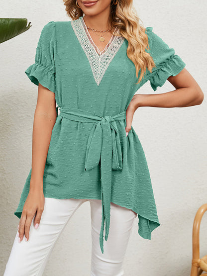 Tops- Tie-Front Chiffon Blouse with Asymmetrical Hem and Lace Accents- - IndioGear Fashion and Gear