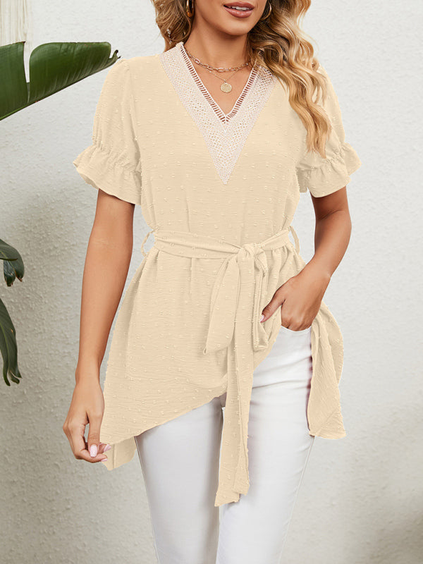 Tops- Tie-Front Chiffon Blouse with Asymmetrical Hem and Lace Accents- - IndioGear Fashion and Gear