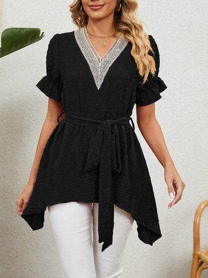 Tops- Tie-Front Chiffon Blouse with Asymmetrical Hem and Lace Accents- - IndioGear Fashion and Gear