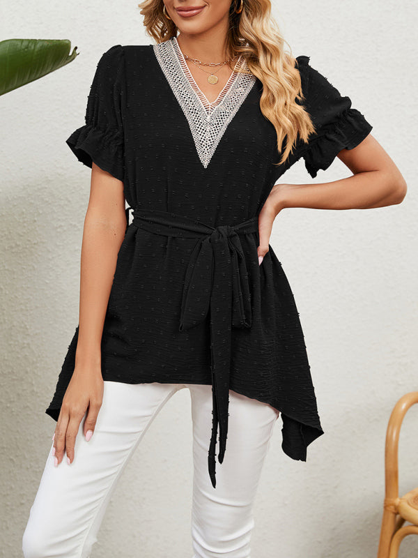 Tops- Tie-Front Chiffon Blouse with Asymmetrical Hem and Lace Accents- - IndioGear Fashion and Gear