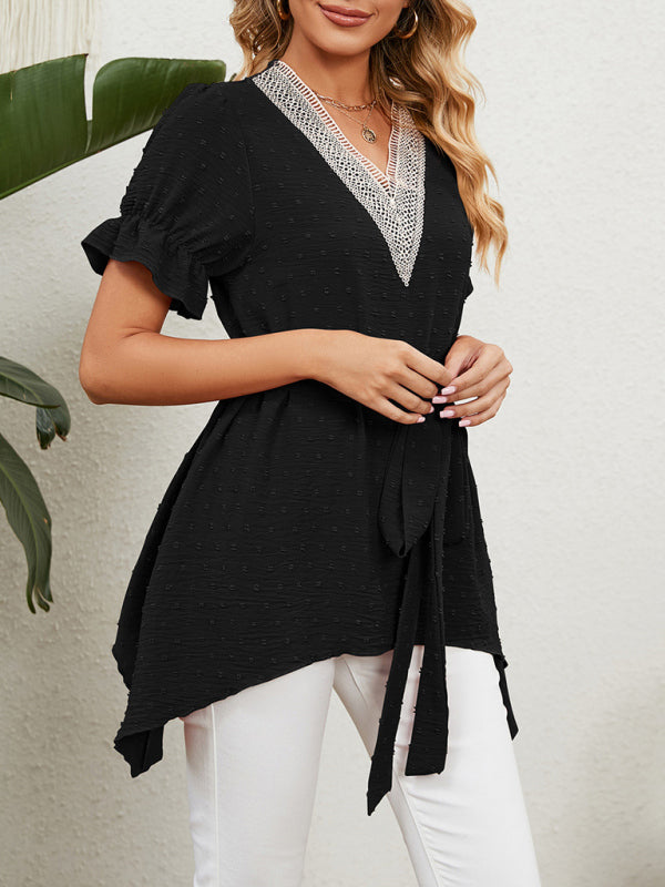 Tops- Tie-Front Chiffon Blouse with Asymmetrical Hem and Lace Accents- - IndioGear Fashion and Gear