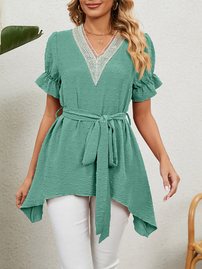 Tops- Tie-Front Chiffon Blouse with Asymmetrical Hem and Lace Accents- - IndioGear Fashion and Gear