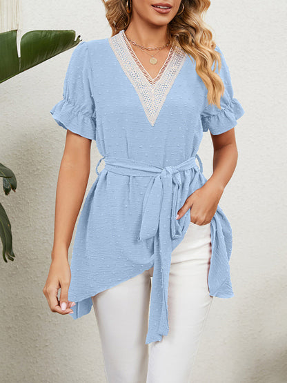 Tops- Tie-Front Chiffon Blouse with Asymmetrical Hem and Lace Accents- Sky blue azure- IndioGear Fashion and Gear