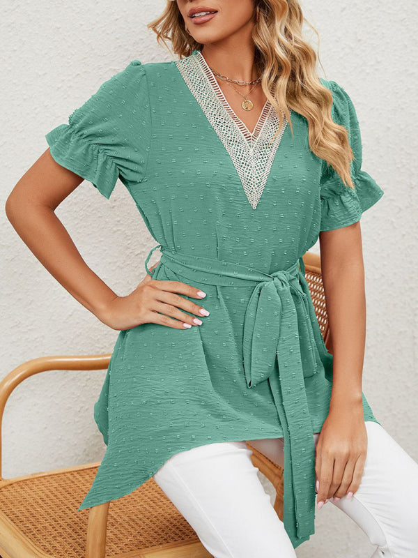 Tops- Tie-Front Chiffon Blouse with Asymmetrical Hem and Lace Accents- Green- IndioGear Fashion and Gear