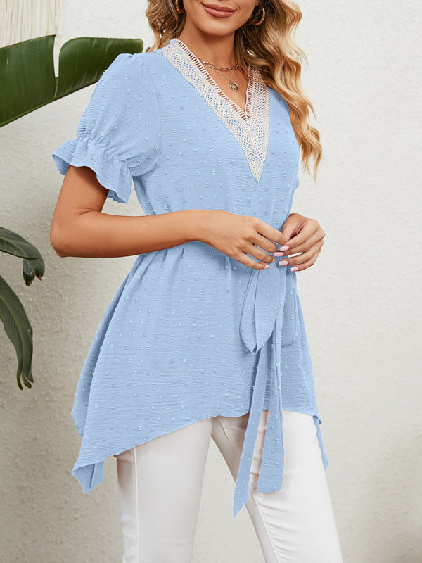 Tops- Tie-Front Chiffon Blouse with Asymmetrical Hem and Lace Accents- - IndioGear Fashion and Gear