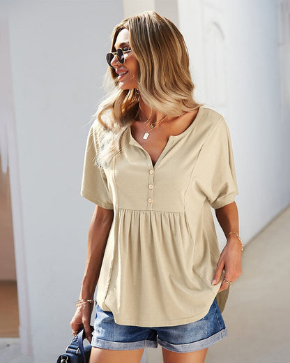 Tops- Trendy & Comfy: Women's Button Down T-Shirt - Pleated Loose Top- - IndioGear Fashion and Gear