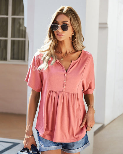 Tops- Trendy & Comfy: Women's Button Down T-Shirt - Pleated Loose Top- - IndioGear Fashion and Gear