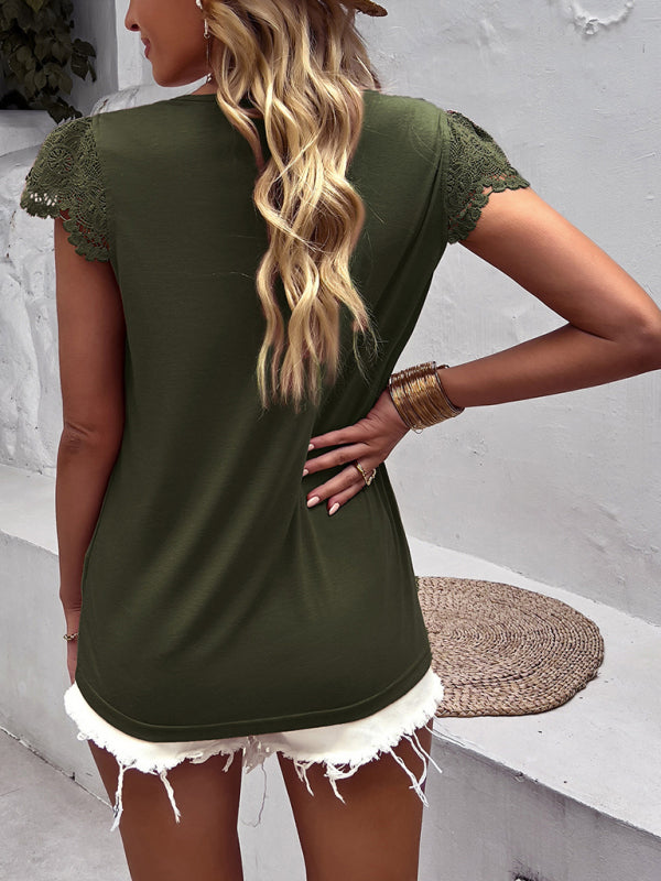 Tops-V-Neck Blouse | Short Sleeve Solid Top with Lace Accents-Pekosa Women Clothing