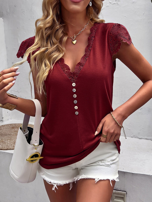 Tops-V-Neck Blouse | Short Sleeve Solid Top with Lace Accents-Pekosa Women Clothing