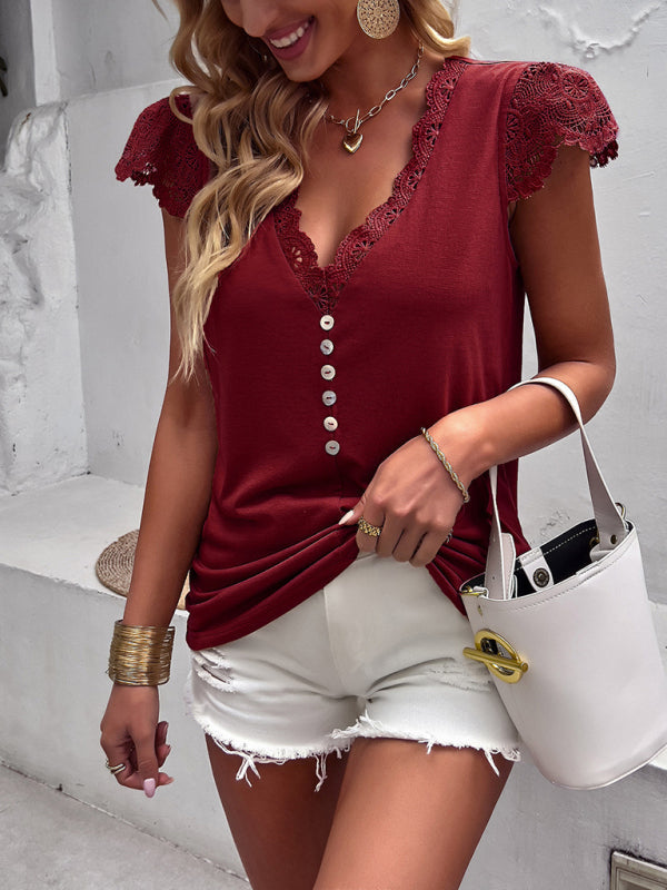 Tops-V-Neck Blouse | Short Sleeve Solid Top with Lace Accents-Pekosa Women Clothing