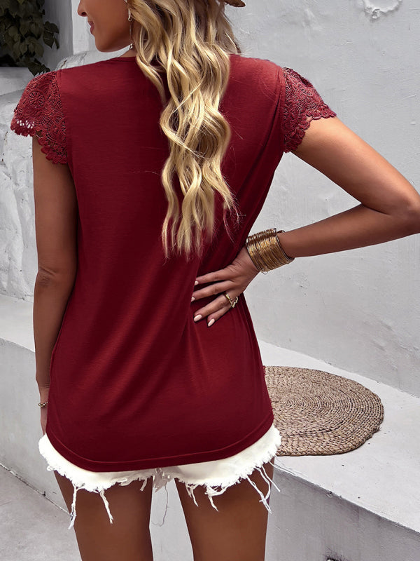 Tops-V-Neck Blouse | Short Sleeve Solid Top with Lace Accents-Pekosa Women Clothing