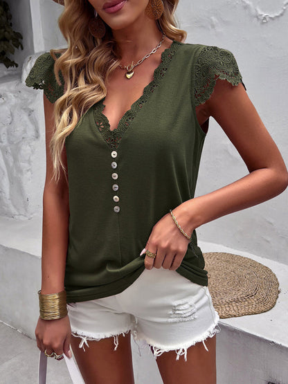 Tops-V-Neck Blouse | Short Sleeve Solid Top with Lace Accents-Pekosa Women Clothing