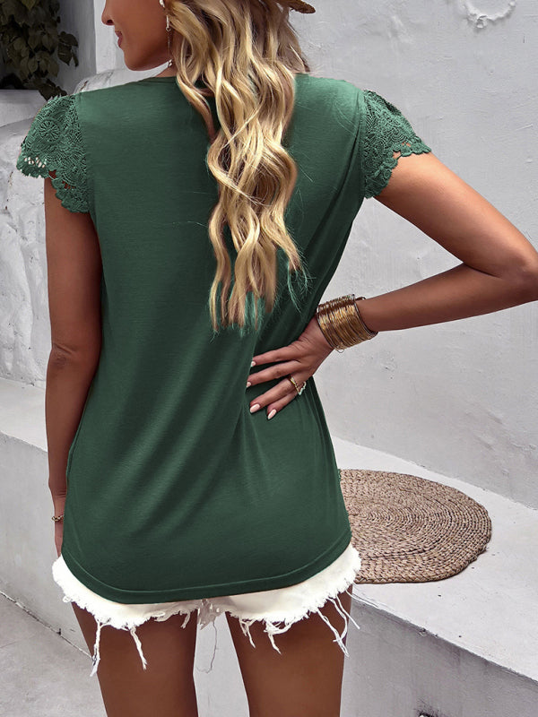 Tops-V-Neck Blouse | Short Sleeve Solid Top with Lace Accents-Pekosa Women Clothing