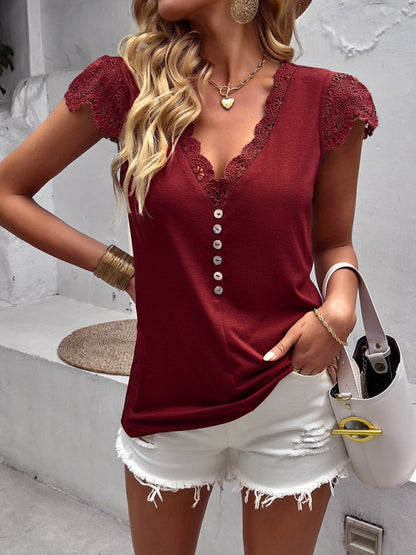 Tops-V-Neck Blouse | Short Sleeve Solid Top with Lace Accents-Pekosa Women Clothing