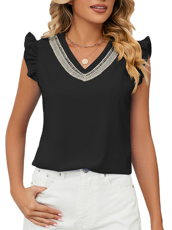 Tops- V-Neck Sleeveless Blouse with Ruffle Accents - Women's Top- - IndioGear Fashion and Gear