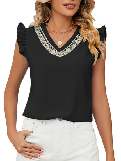 Tops- V-Neck Sleeveless Blouse with Ruffle Accents - Women's Top- - IndioGear Fashion and Gear