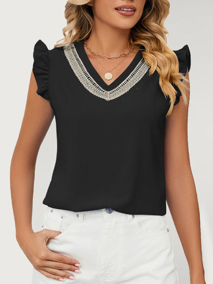 Tops- V-Neck Sleeveless Blouse with Ruffle Accents - Women's Top- Black- IndioGear Fashion and Gear