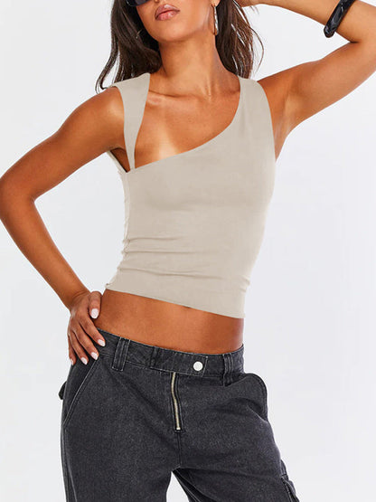 Tops- Women Sculpt Solid Stretchy One-Shoulder Fitted Top- - IndioGear Fashion and Gear