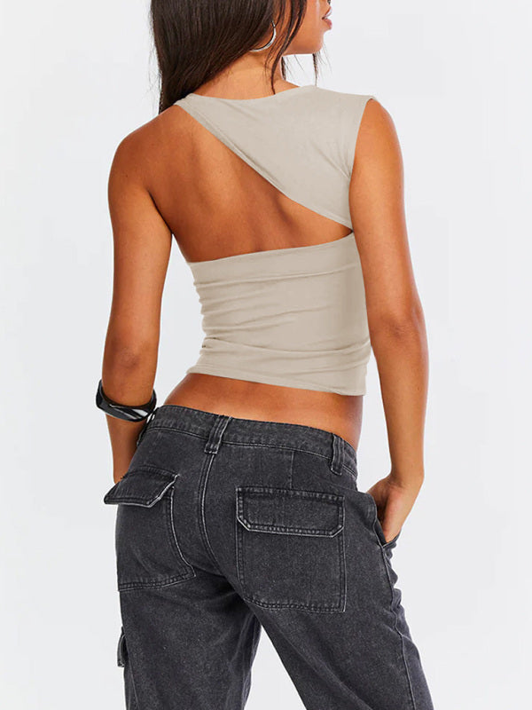 Tops- Women Sculpt Solid Stretchy One-Shoulder Fitted Top- - IndioGear Fashion and Gear