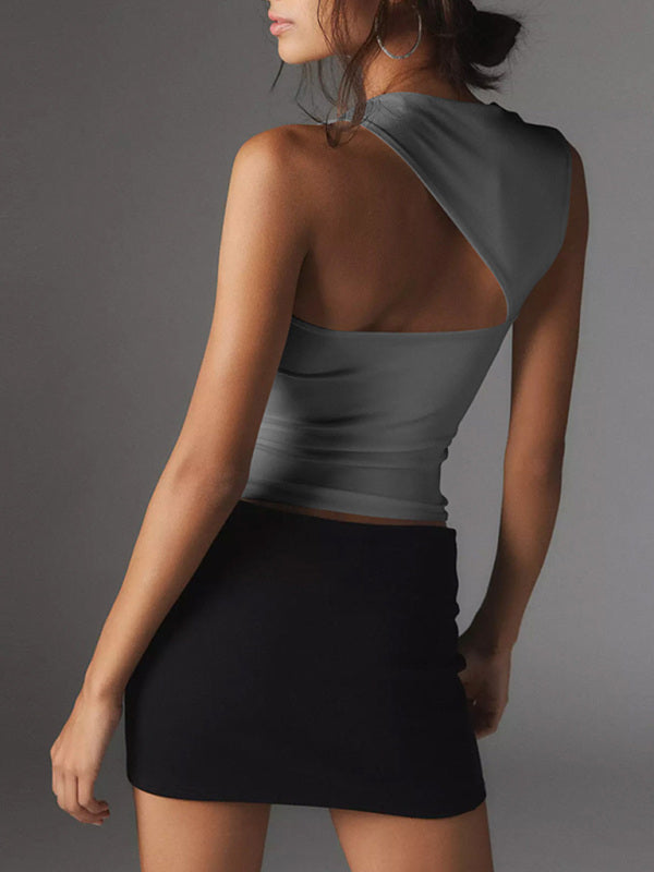 Tops- Women Sculpt Solid Stretchy One-Shoulder Fitted Top- - IndioGear Fashion and Gear