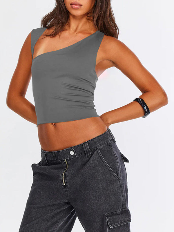 Tops- Women Sculpt Solid Stretchy One-Shoulder Fitted Top- - IndioGear Fashion and Gear