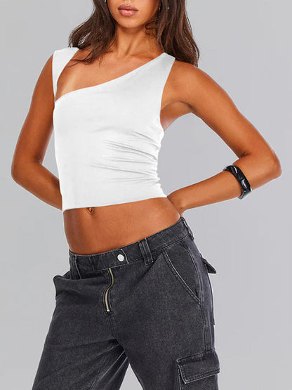 Tops- Women Sculpt Solid Stretchy One-Shoulder Fitted Top- White- IndioGear Fashion and Gear