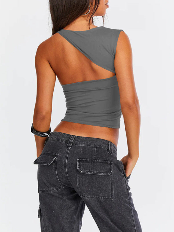 Tops- Women Sculpt Solid Stretchy One-Shoulder Fitted Top- - IndioGear Fashion and Gear