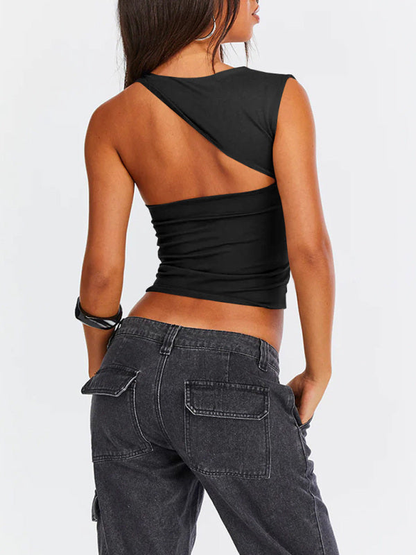 Tops- Women Sculpt Solid Stretchy One-Shoulder Fitted Top- - IndioGear Fashion and Gear